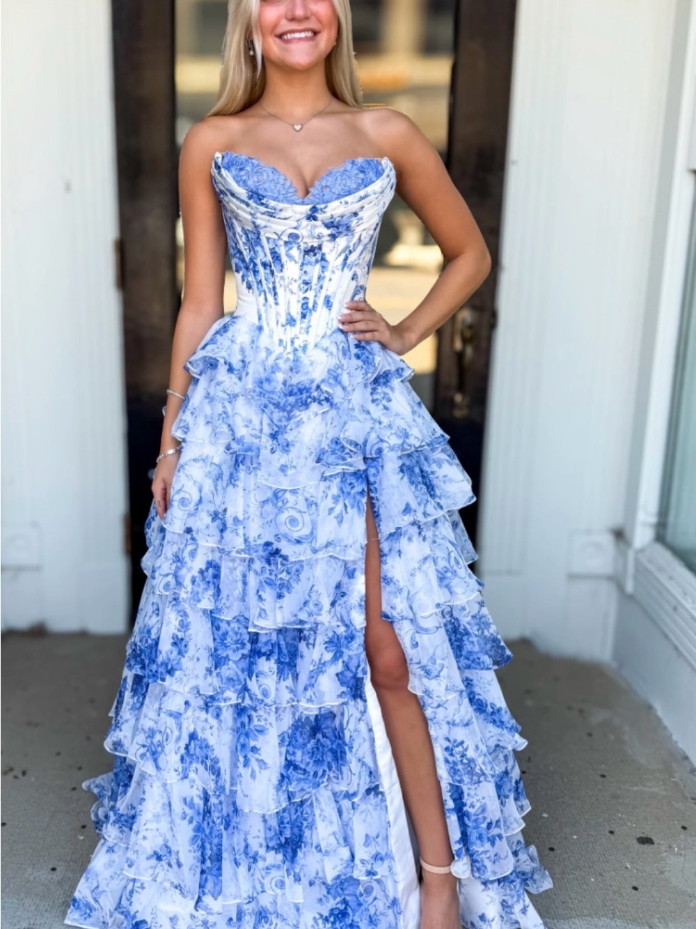 Elegant Strapless Blue & White Floral Ruffle Gown Sherri Hill design by Stacees